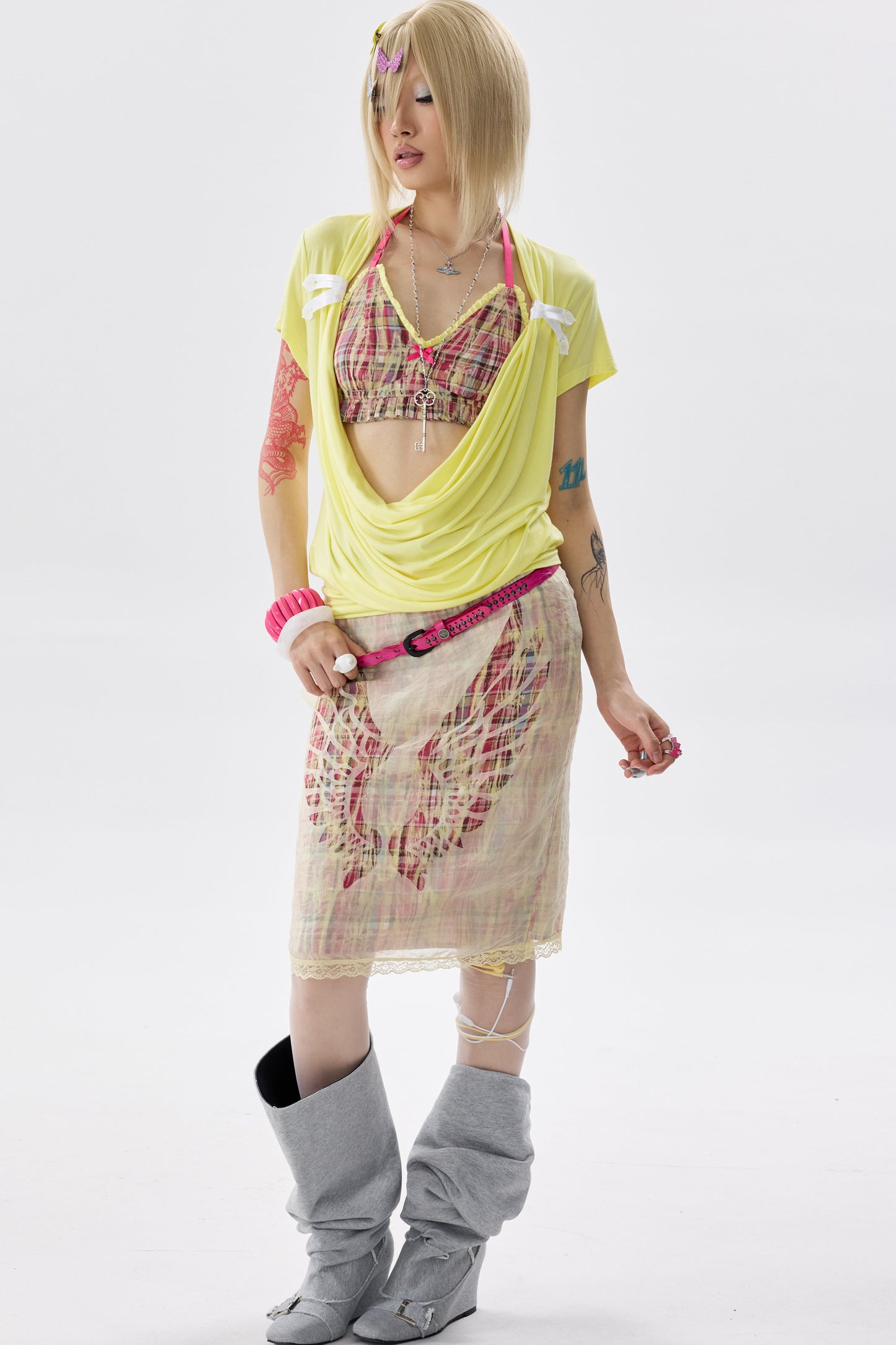 Plaid Organza Cut-Out Skirt