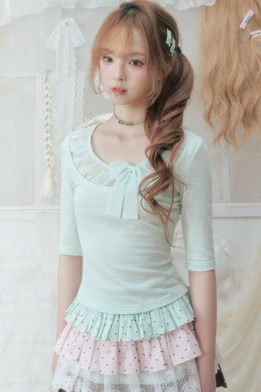Mint Green Pleated Mesh Bow T-Shirt
