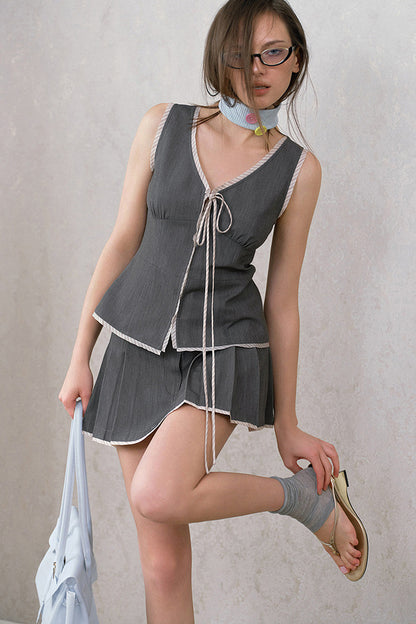 Gray Tie-Front Vest and Pleated Skirt Set-Up