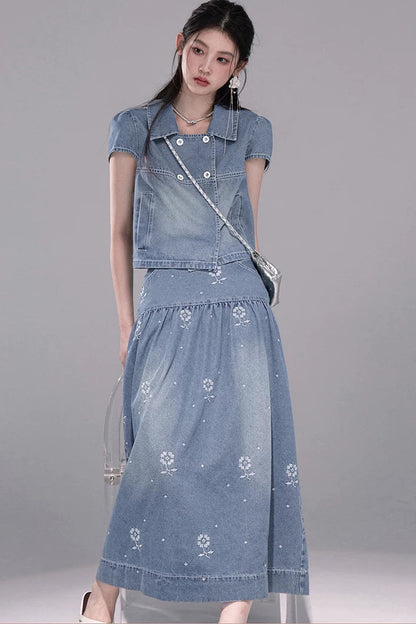 Gentle Denim Cropped Top and Skirt Set