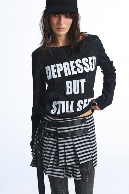 Distressed Rhinestone Letter Print Long-Sleeve T-Shirt