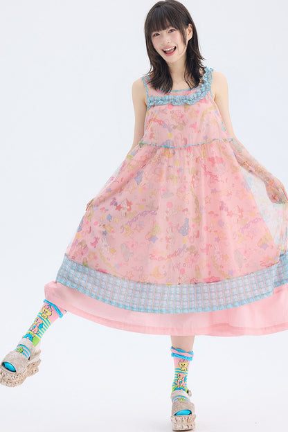 Robe en résille à bretelle asymétrique avec imprimé lapin rose