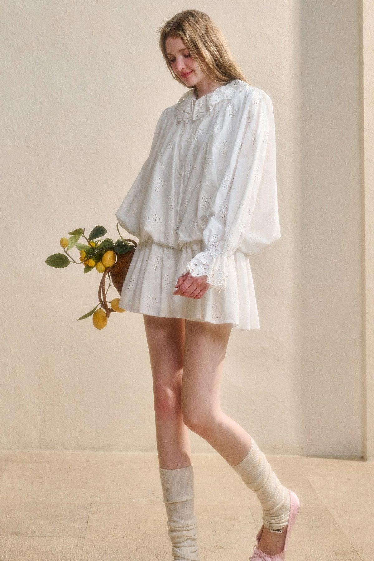 Long-Sleeved Cotton Embroidered Shirt Dress