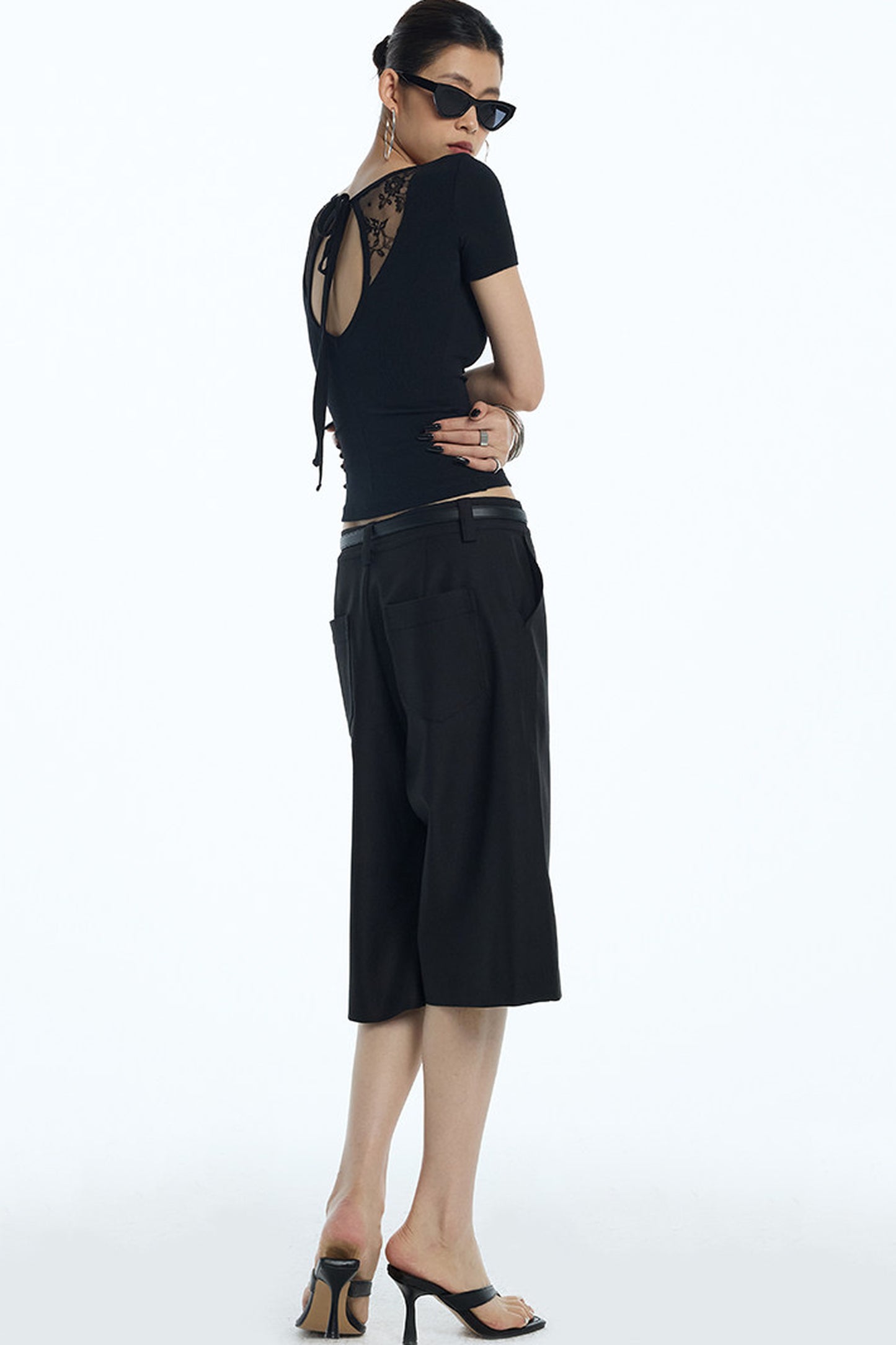 Lace Back Tie Short Sleeve Top
