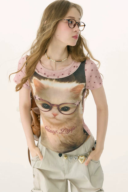 Retro Distressed Cat Print Top