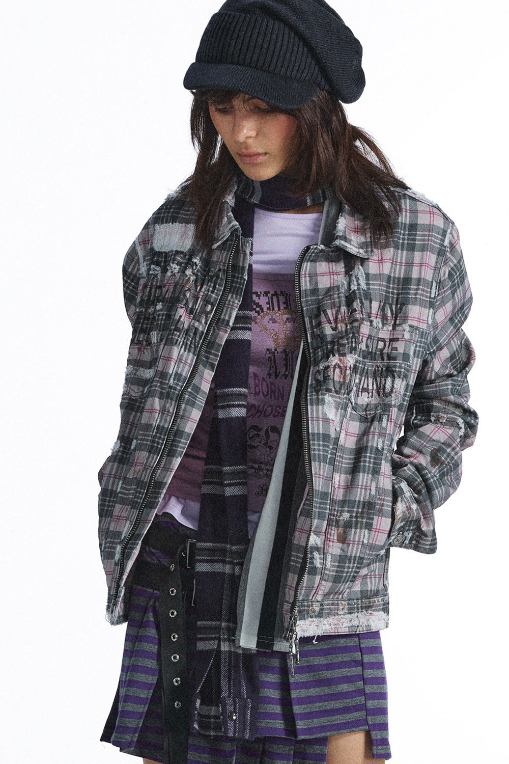 Plaid Graffiti Print Distressed Jacket