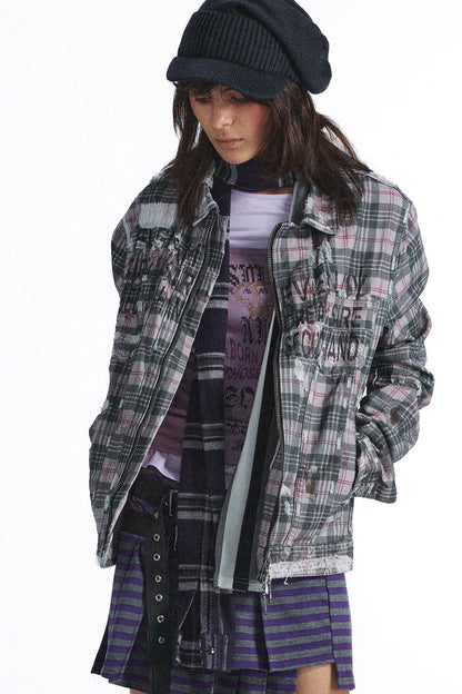 Plaid Graffiti Print Distressed Jacket