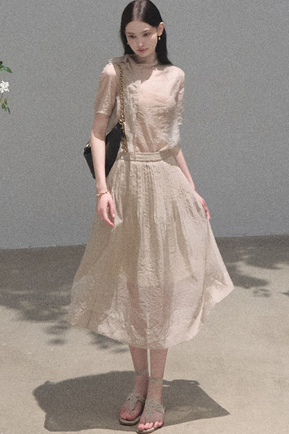 Short-Sleeved Chiffon Blouse and Pleated Mesh Skirt Set-Up