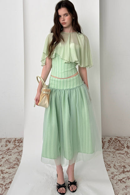 Mint Green Stripe Lyocell Cape and Tulle Skirt Set-Up