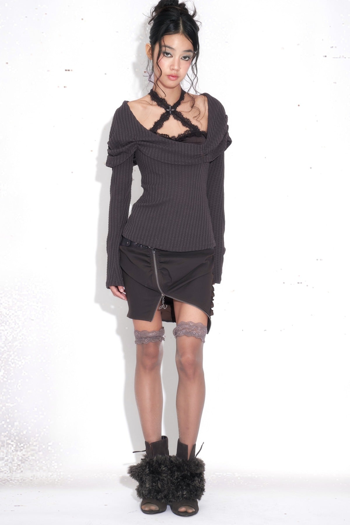 Knit Outerwear With Cross Halter Lace Bra Set