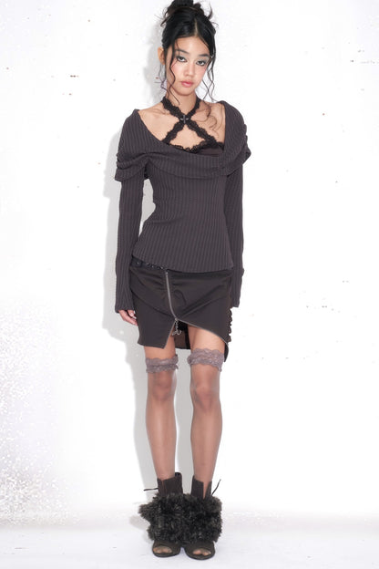 Knit Outerwear With Cross Halter Lace Bra Set