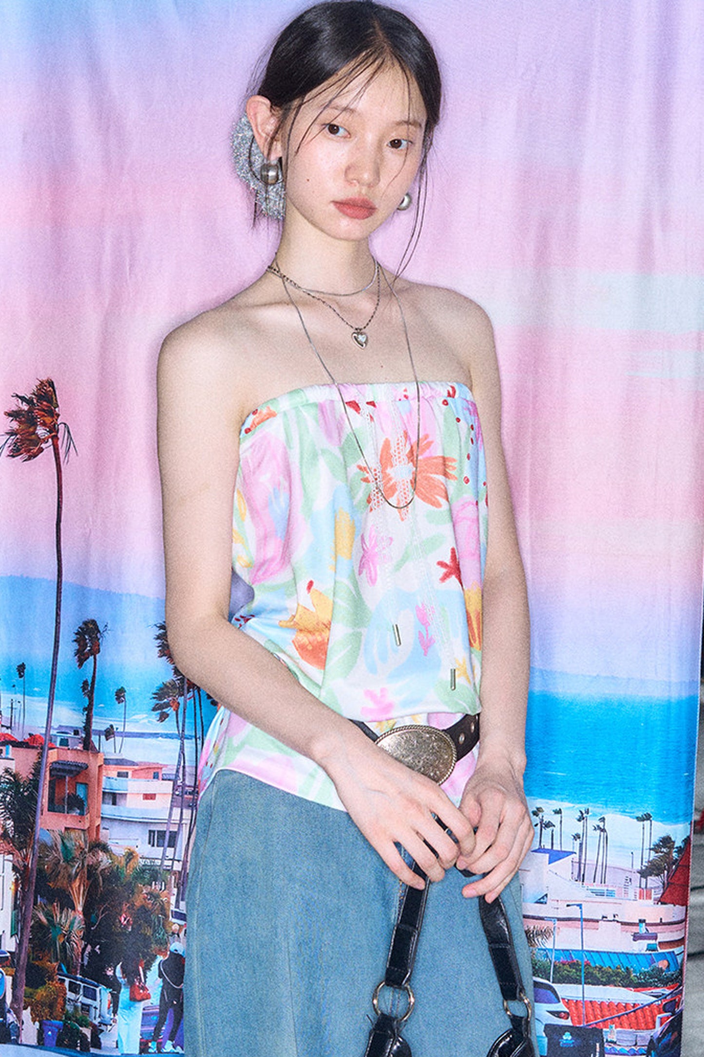 Hand-Painted Bird And Flower Print Skirt