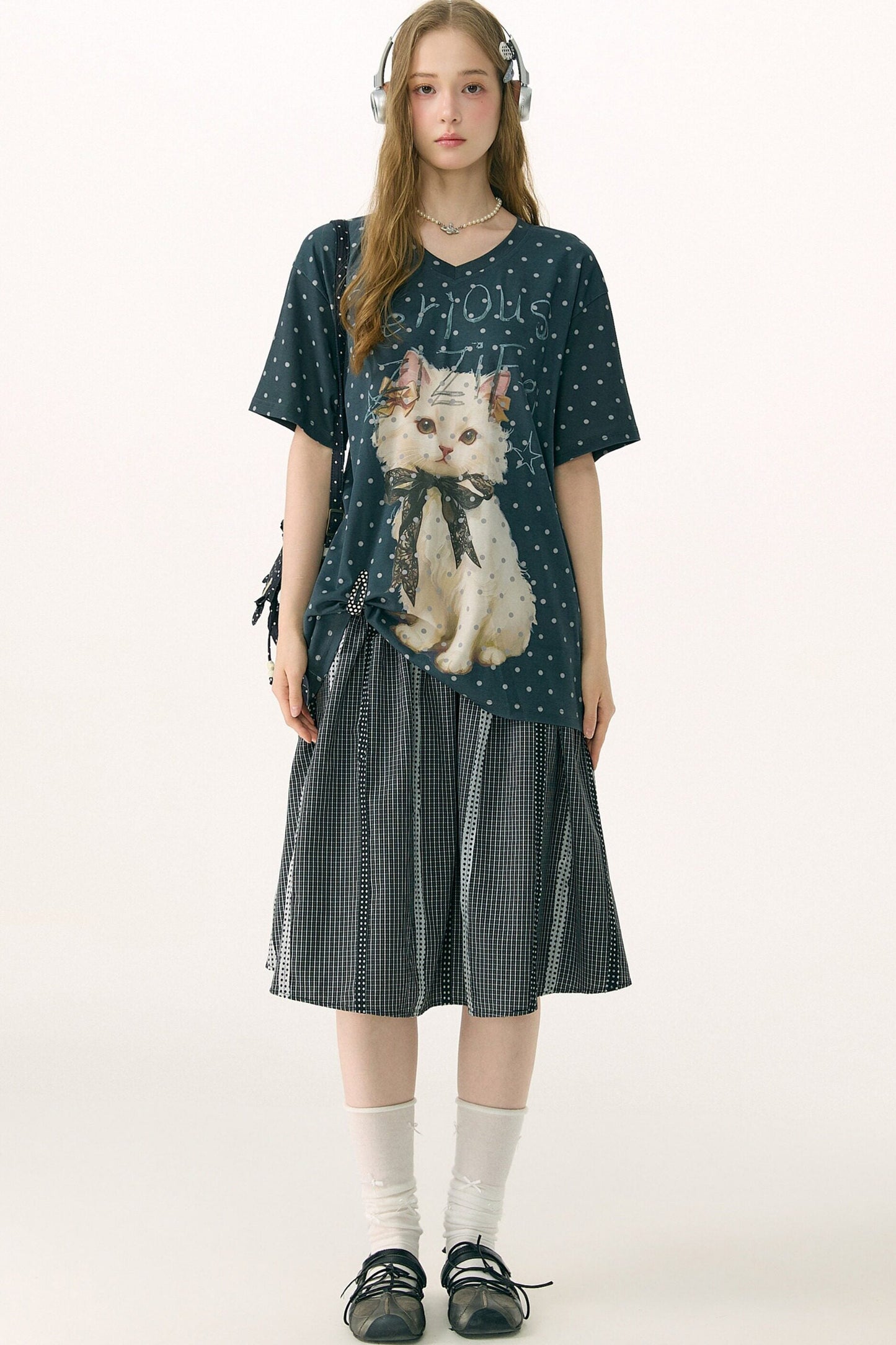 Polka Dot Cat V-Neck Blouse
