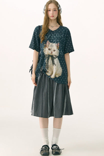 Polka Dot Cat V-Neck Blouse