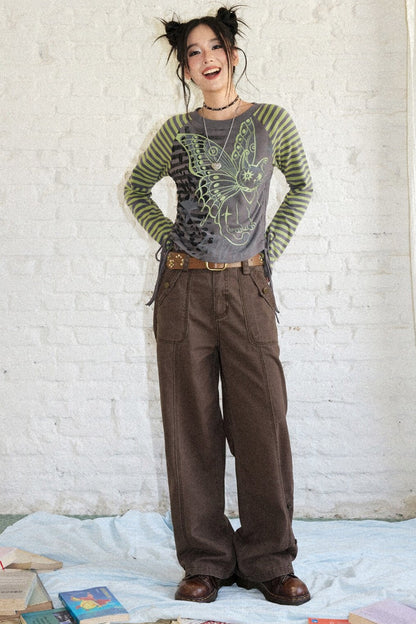Striped Spliced Raglan Cat Print Top