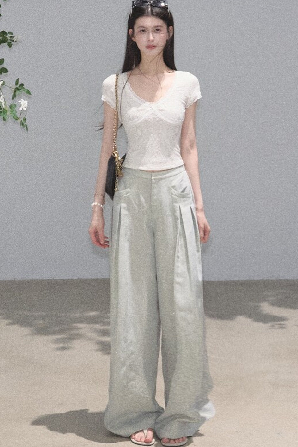 Goldene weite Seiden-Leinen-Hose