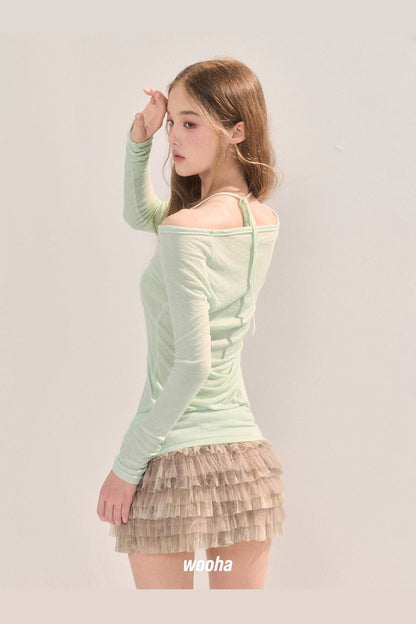 Off-Shoulder Lace Collar Long Sleeve T-Shirt