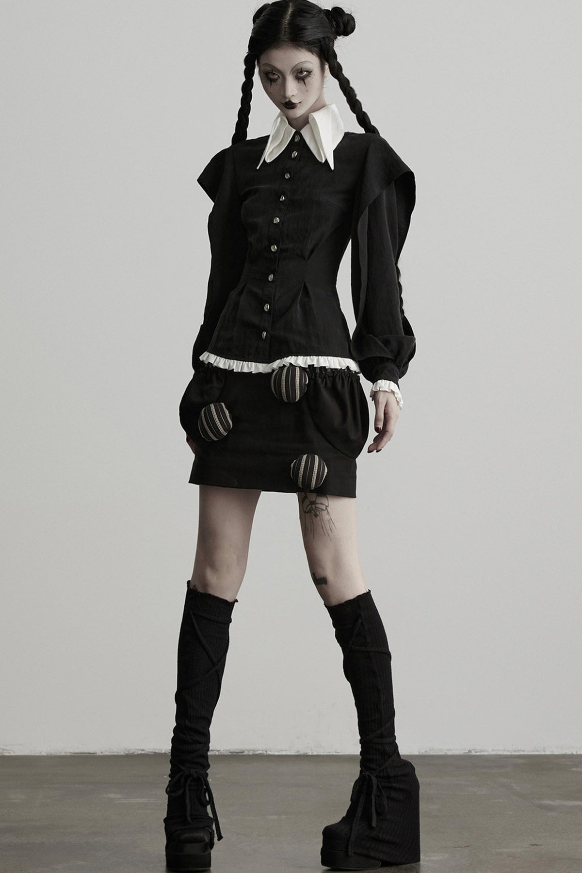 High-Waisted Straight Ball-Decorated Striped Patchwork Skirt