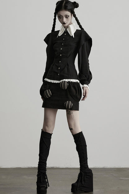 High-Waisted Straight Ball-Decorated Striped Patchwork Skirt