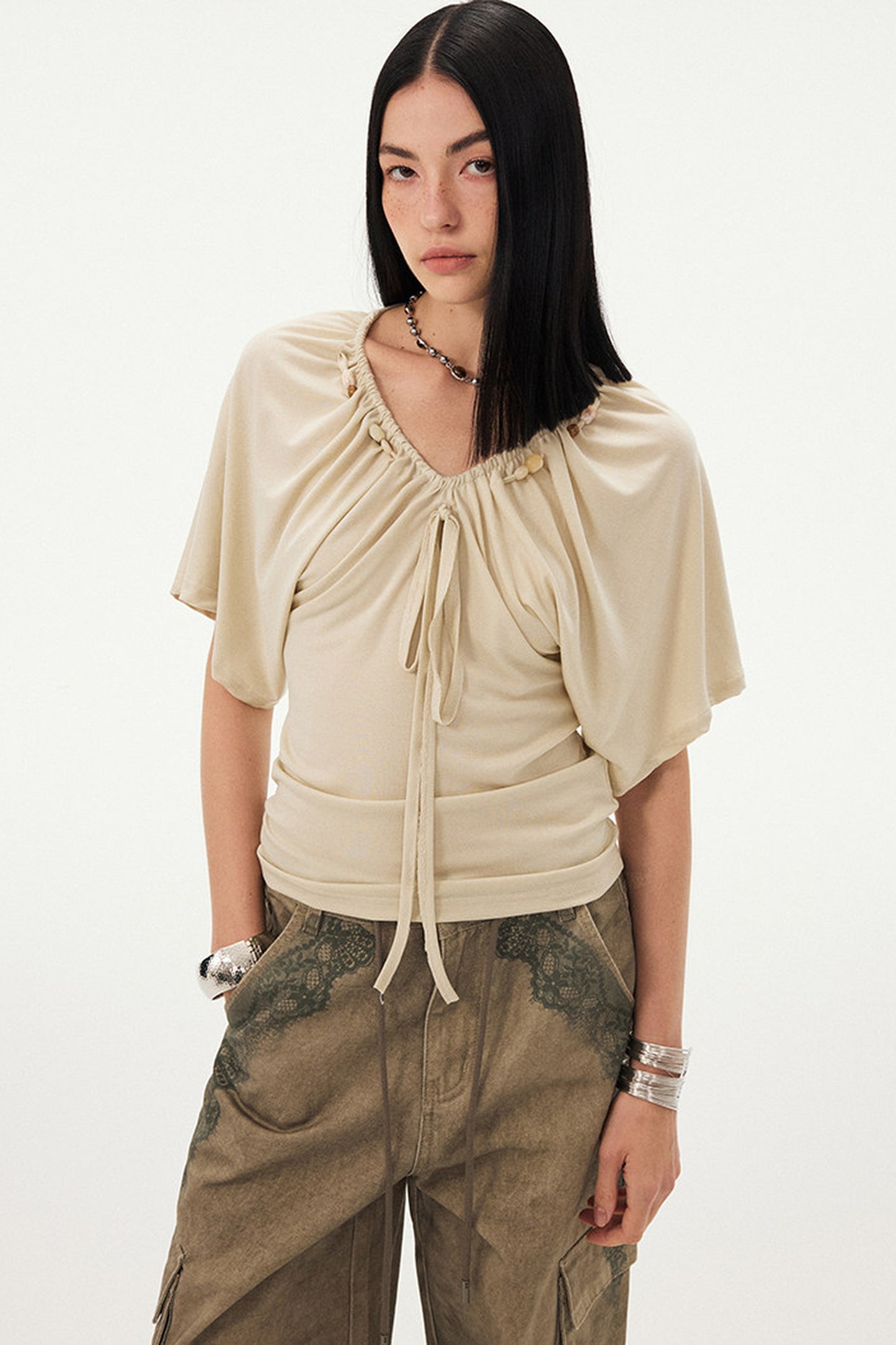 Beaded V Neck Batwing Blouse