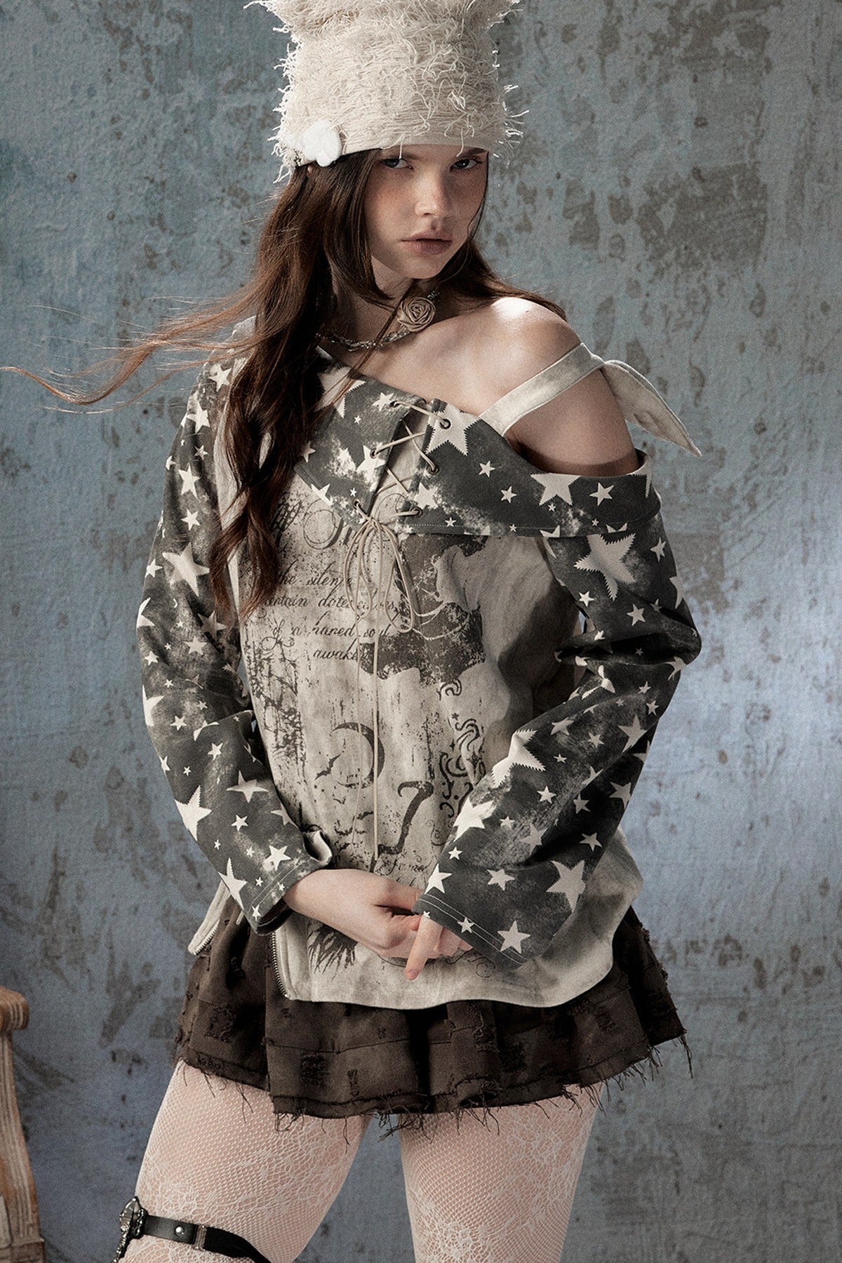 Plaid Wing Off-Shoulder Long-Sleeve T-Shirt