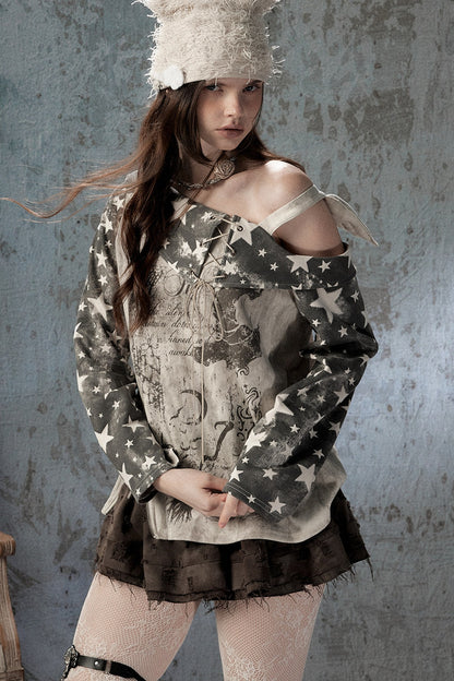 Plaid Wing Off-Shoulder Long-Sleeve T-Shirt