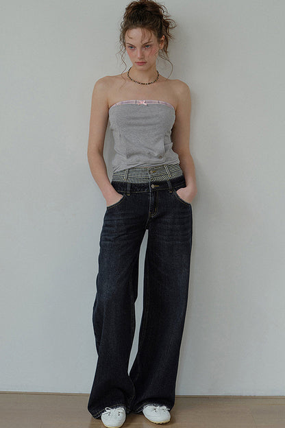 Gray Pink Plaid Bow Tube Top