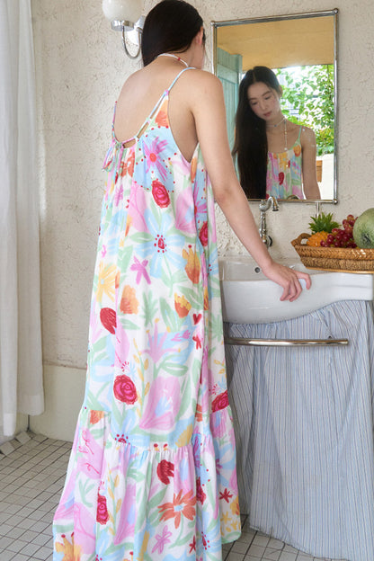 Hand-Painted Watercolor Flower Print Strap Dress