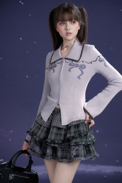 Milk Purple Bow Jacquard Turn-Down Collar Sweater