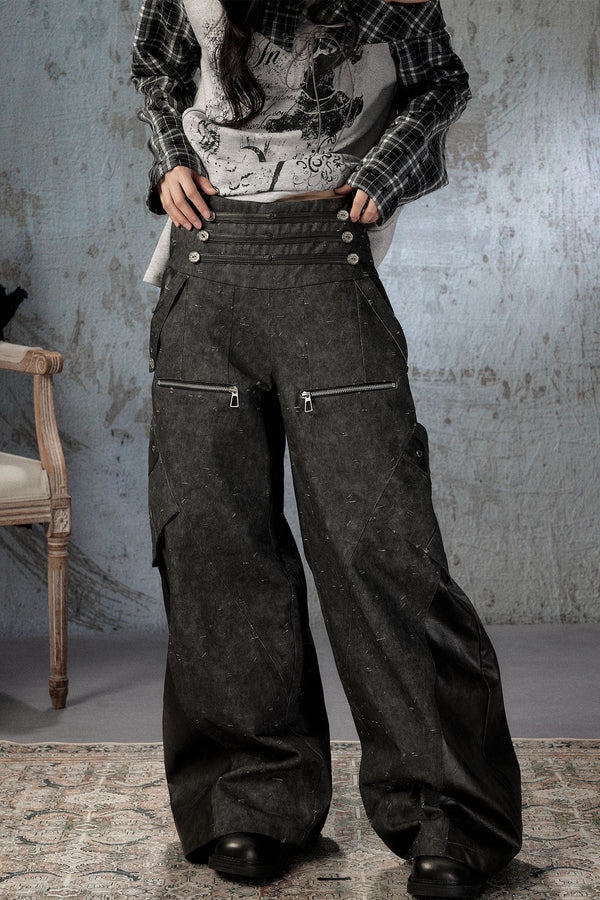 Black Patchwork Ripped High-Waisted Cargo Pants