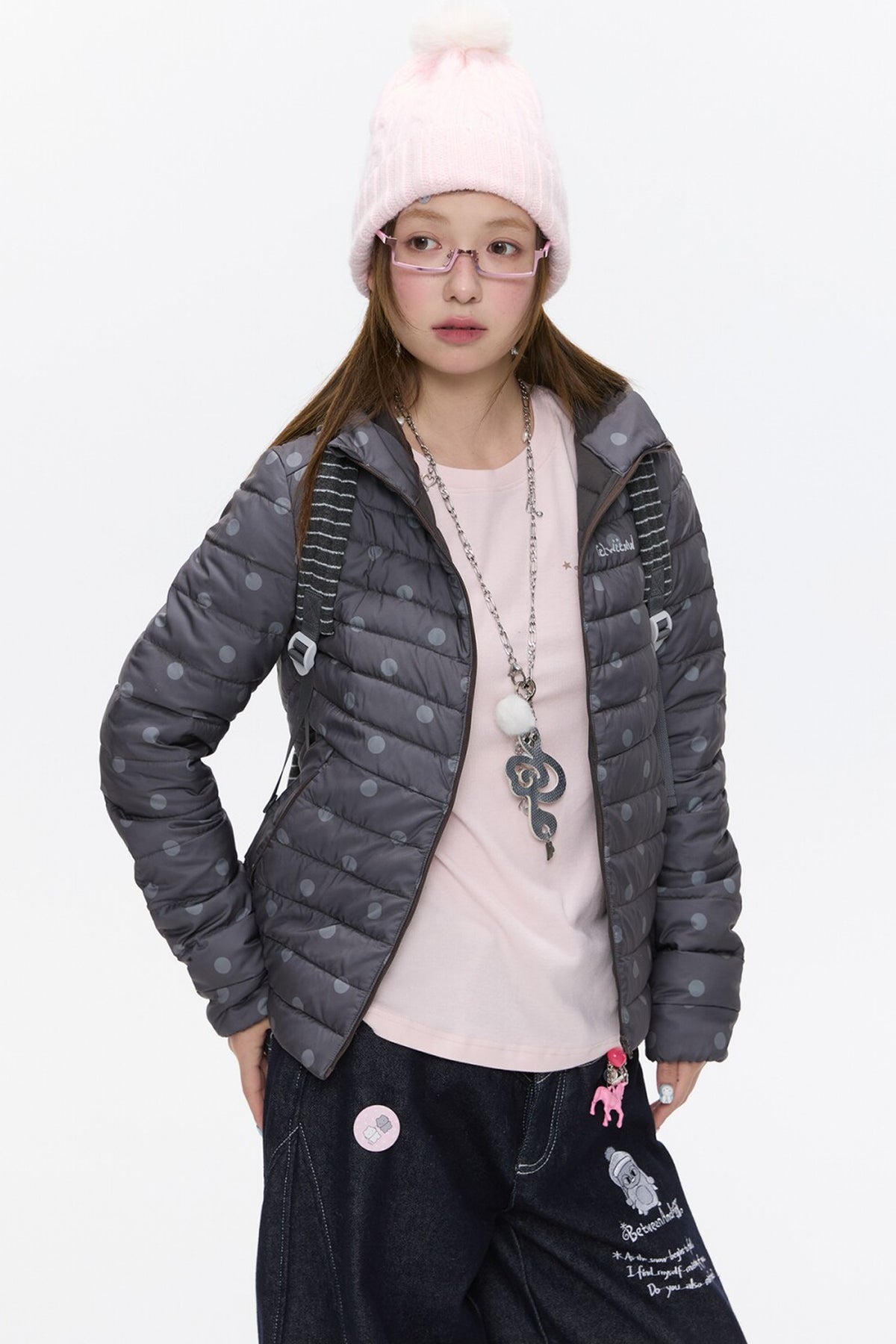 Hooded Ribbed Polka Dot Down Jacket