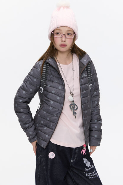 Hooded Ribbed Polka Dot Down Jacket