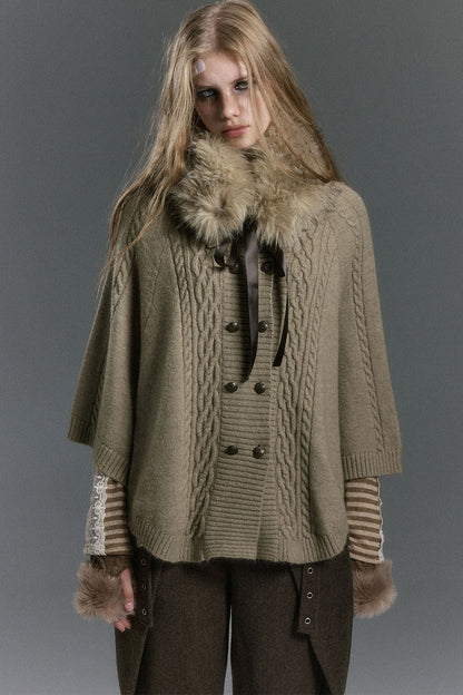 Detachable Fur Collar Cable Knit Cape