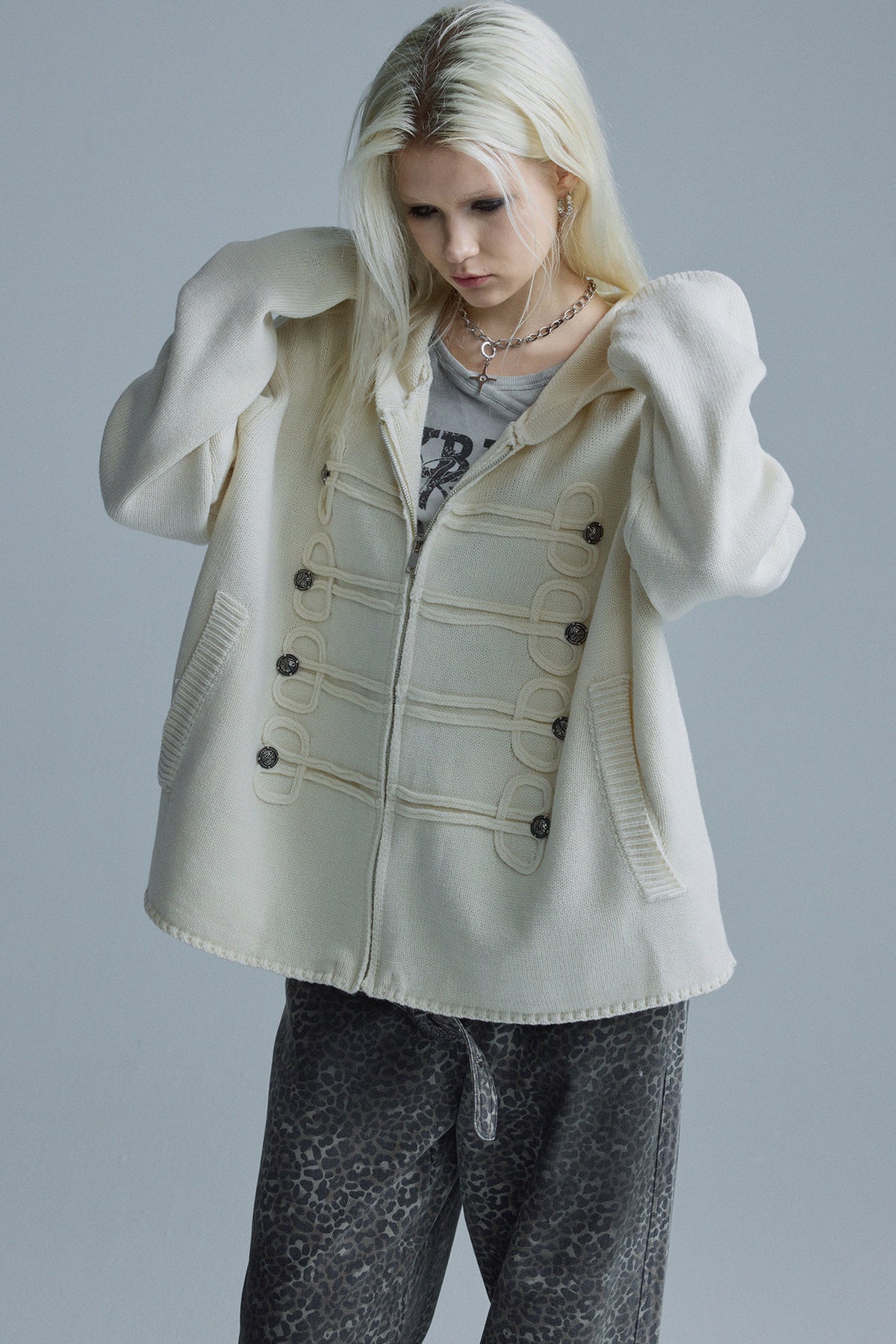 Chain Embroidery Hooded Knit Cardigan