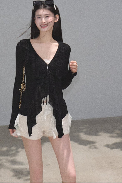 Shimmer V-Neck Long-Sleeve Cardigan Top
