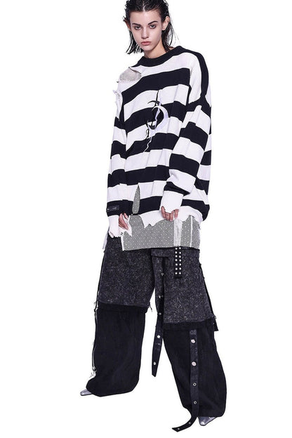 Loose Offset Embroidery Distressed Striped Sweater