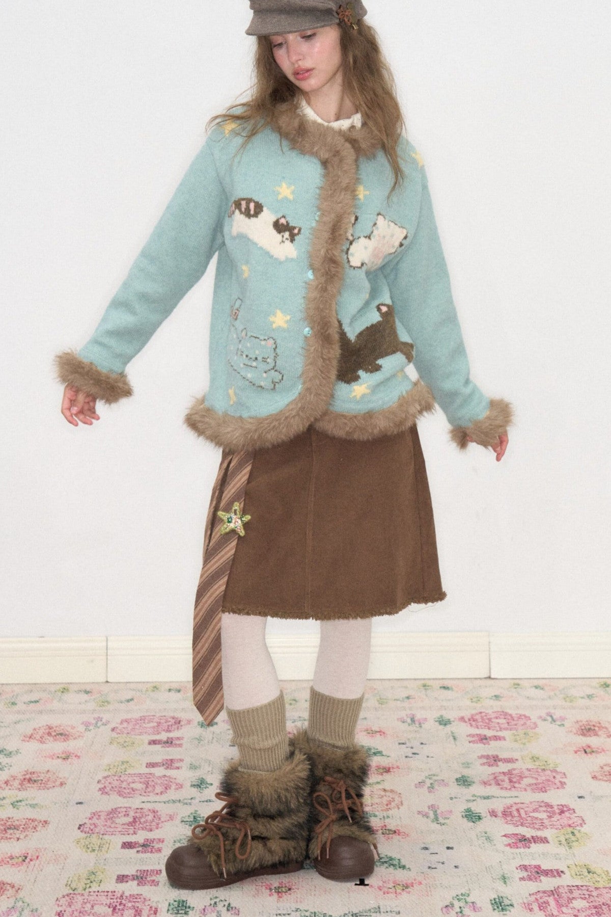 Cardigan à col en fausse fourrure avec motif de chat amusant