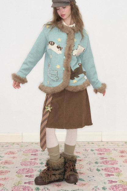 Cardigan à col en fausse fourrure avec motif de chat amusant