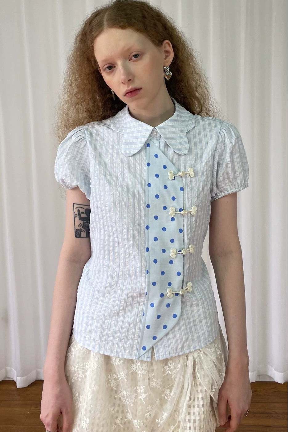 Blue Plaid Polka Dot Puff Sleeve Blouse