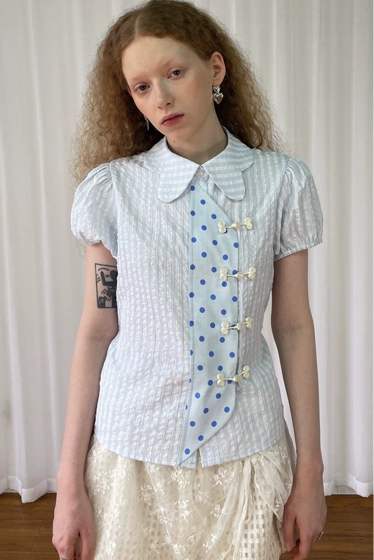 Blue Plaid Polka Dot Puff Sleeve Blouse