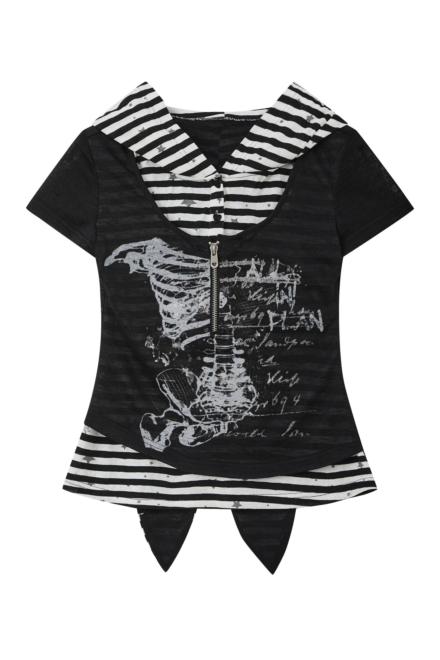 Striped Collar Skeleton Graphic Hooded Top