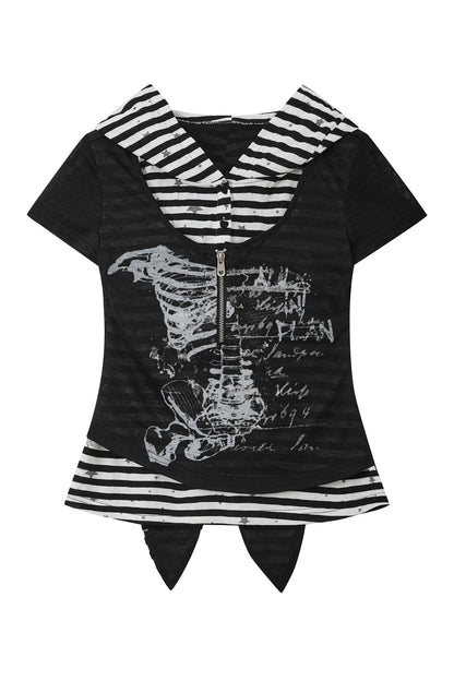 Striped Collar Skeleton Graphic Hooded Top
