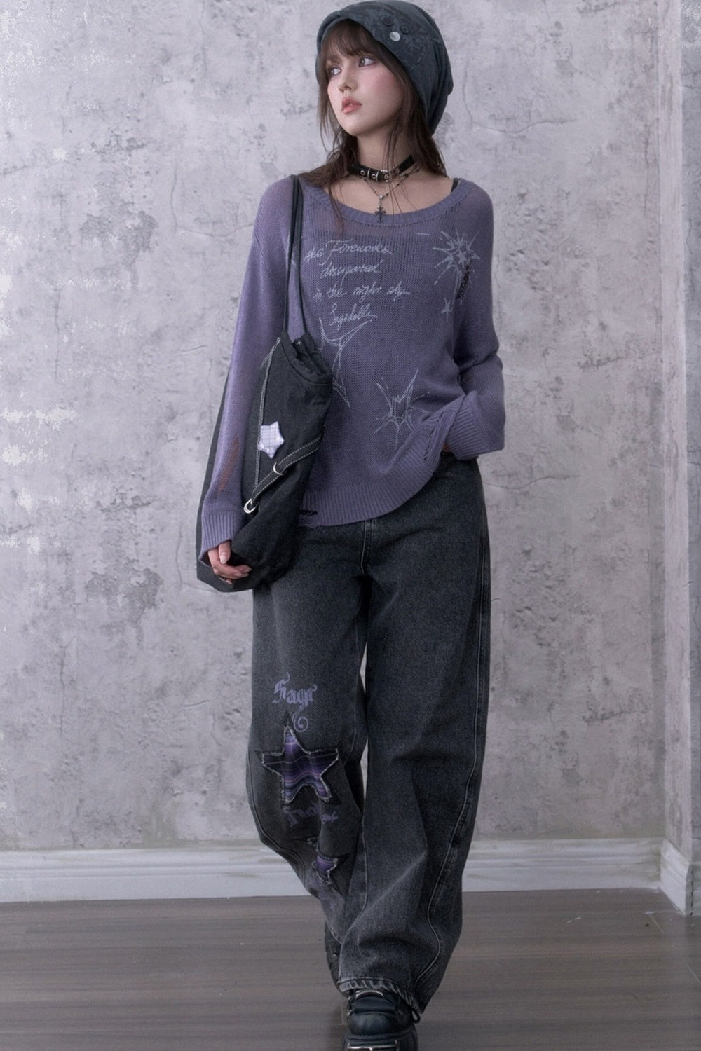 Purple Ripped Knit Mesh Print Sweater