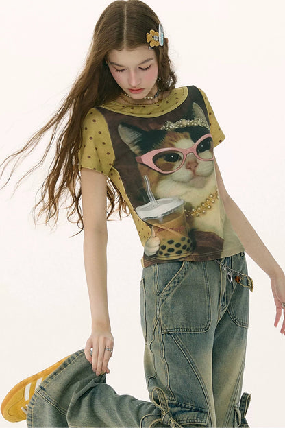 Retro Distressed Cat Print Yellow T-Shirt
