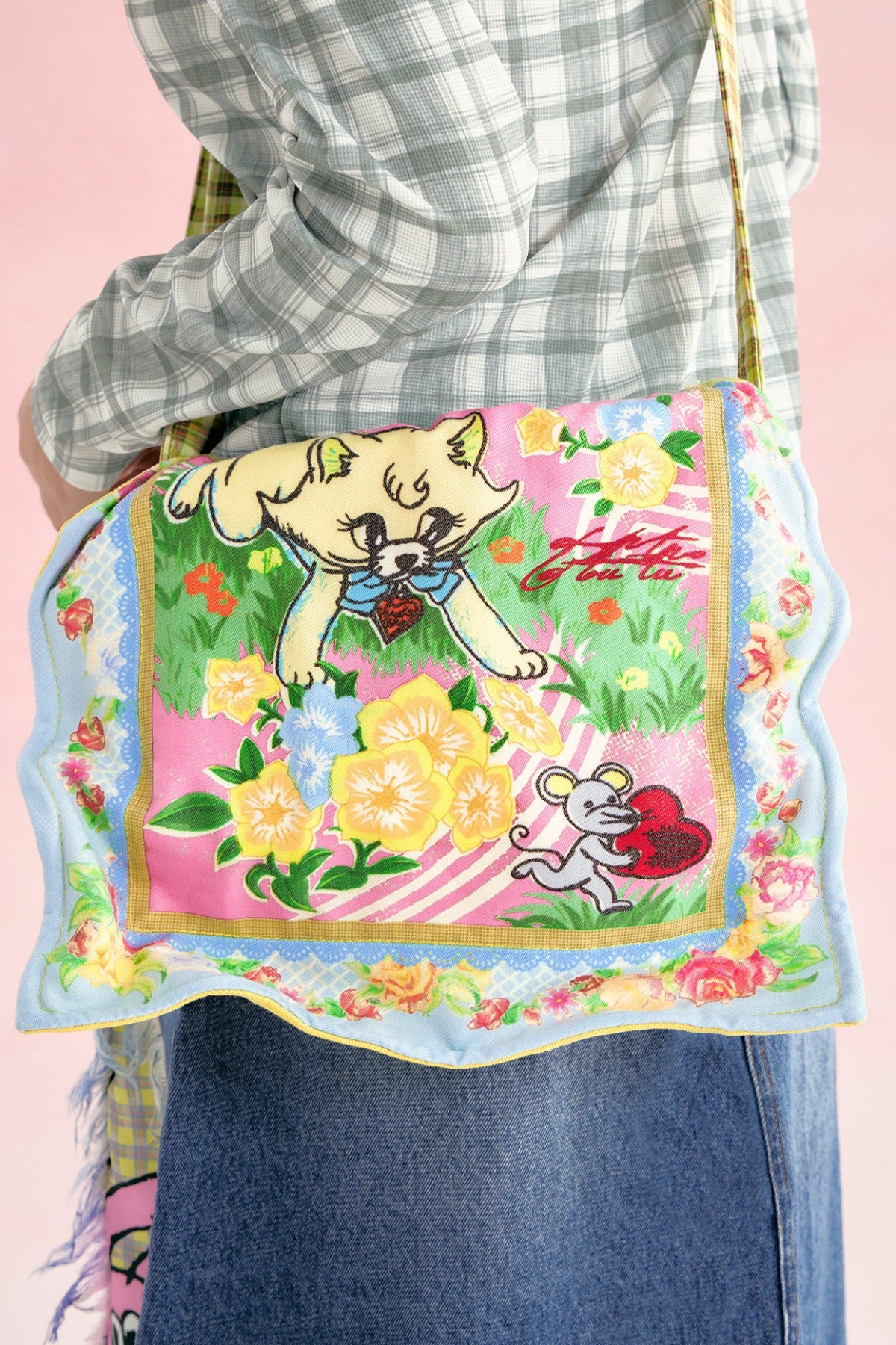 Yellow Plaid Cat Handkerchief Crossbody Bag