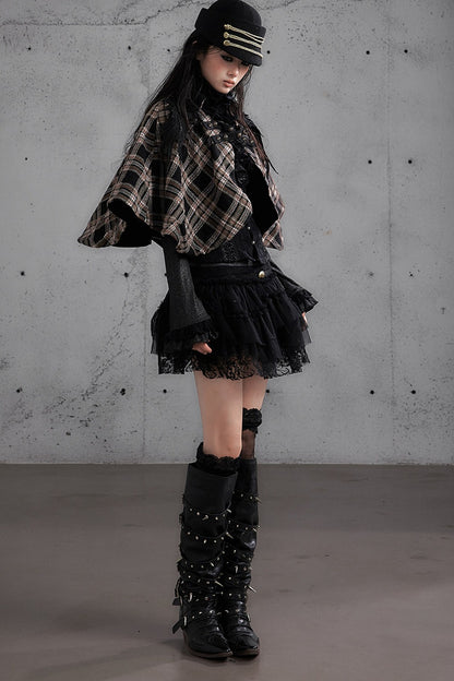 Reversible Wool Blend Plaid Cape