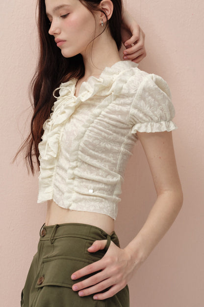 Beige Chest-Tie Ruffle V-Neck Blouse