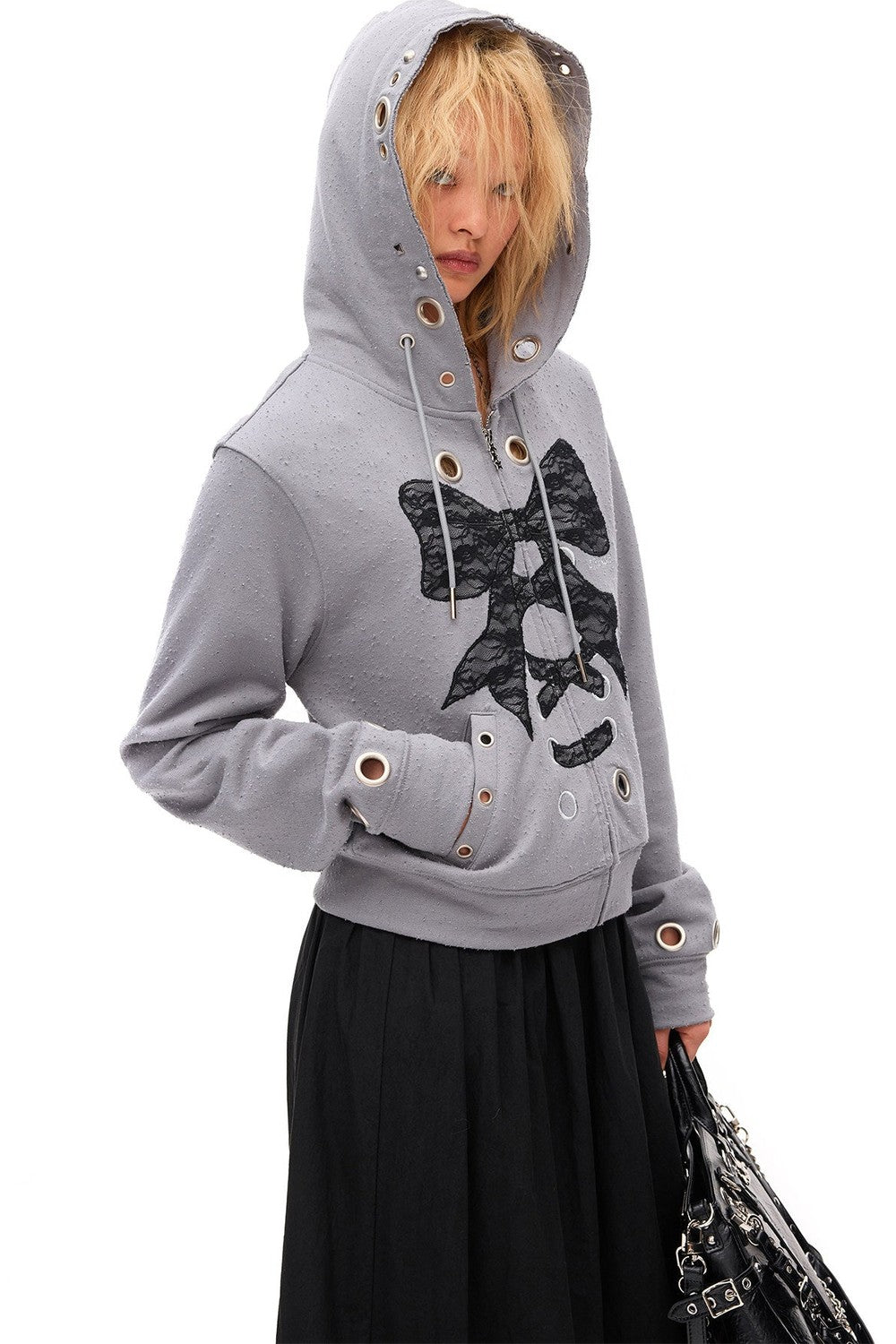 Distressed Lace Bow Hoodie