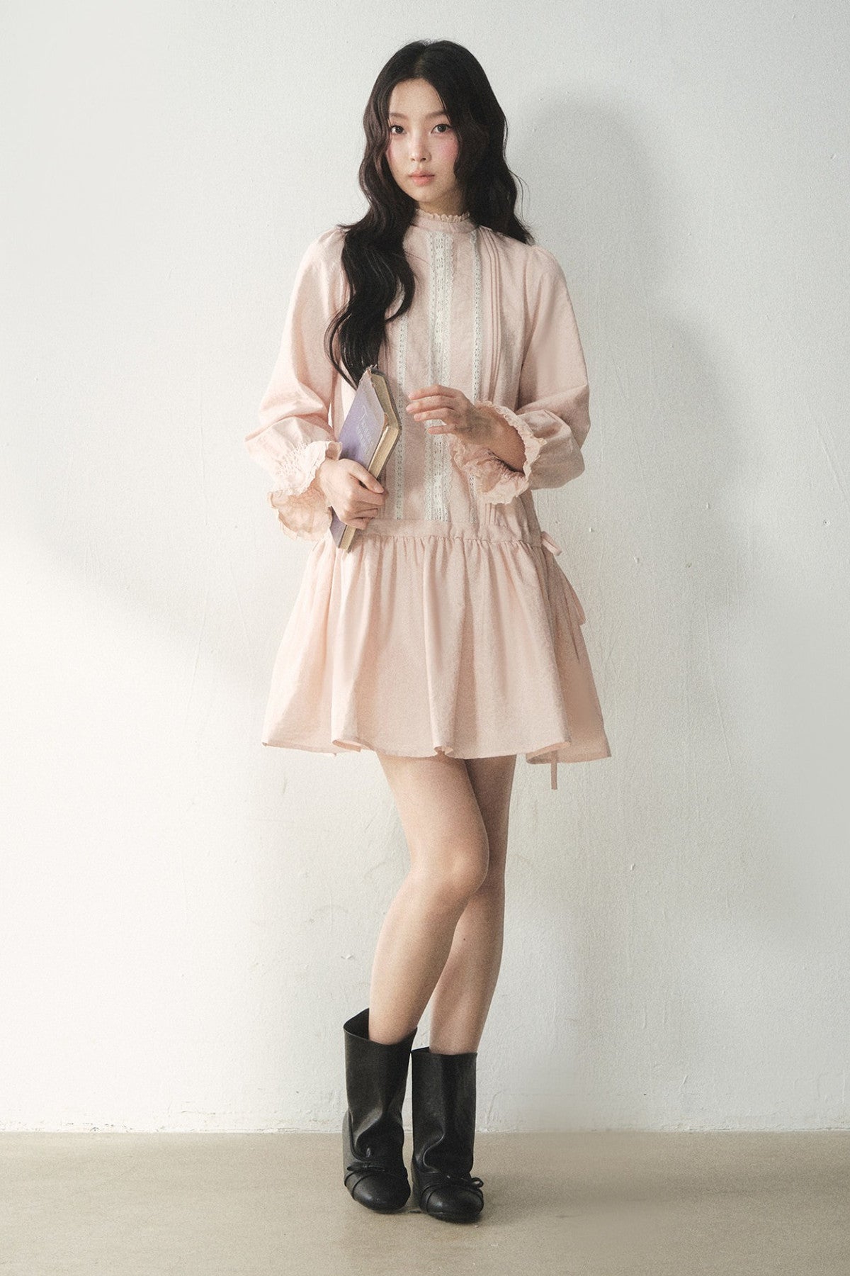 Lace High Collar Ruffle Dress