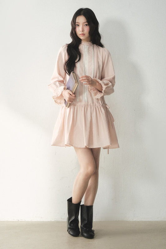 Lace High Collar Ruffle Dress